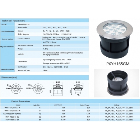 Oprawa LED  PXYH165GM  6 / 9 / 12 Watt dowolny kolor+ RGB IP68 stal nierdz.